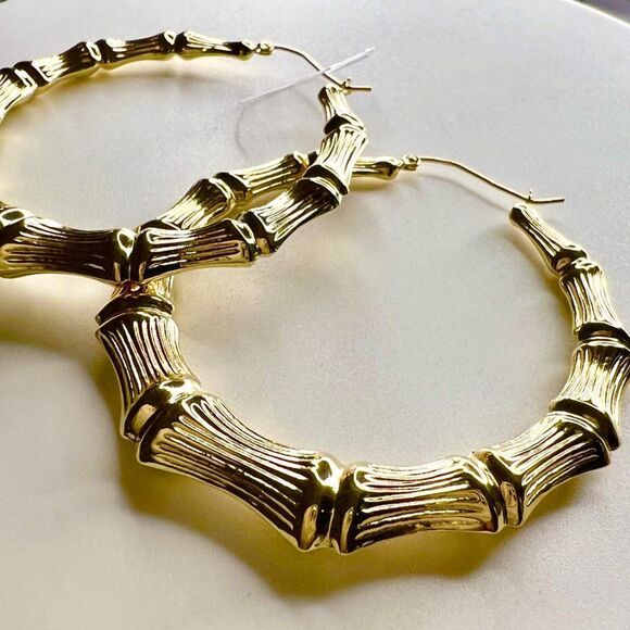 14k Gold Large Hoop Bamboo Earrings - Picture 11 of 12